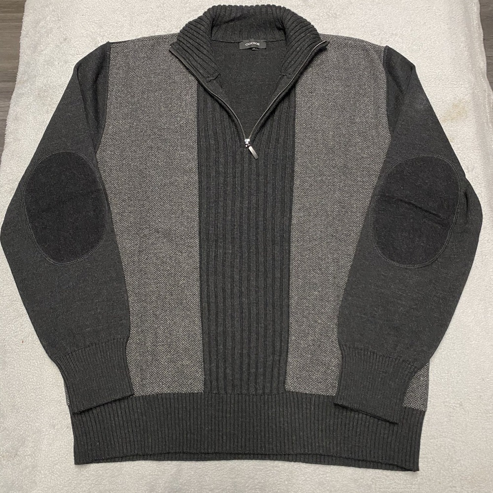 Codice Wool Sweater Mens 54 / XL Black Gray Herringbone 1/4 Zip‎ Pullover Italy